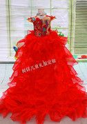 定制中国风儿童主持人t台秀演出服，花童婚纱礼服，红色公主裙龙袍拖