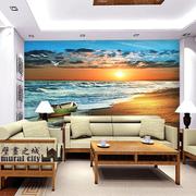欧式油画地中海沙滩海浪日落风景壁纸大型壁画沙发客厅背景墙纸