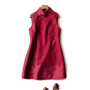 2018春夏中式改良a字立领蕾丝大红色，拼接旗袍连身裙背心裙