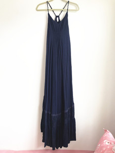 深蓝出口欧美外贸原单夏季女士，蕾丝镂空吊带，连衣裙大摆型拖地长裙