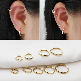 韩国10k14k金耳环时尚通勤耳圈百搭黄金，耳骨环男女精致小耳扣素圈