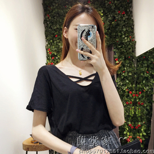 藤堂家大码，韩版2016夏季女装低领交叉带纯色学院风短袖T恤