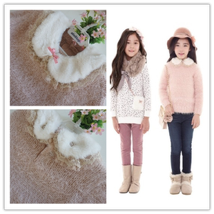 韩国童装潮品店秋冬女童带毛领洋气针织小香风保暖套头毛衣