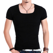 男紧身t恤男款短袖方领健身上衣韩版潮修身型男装，高弹力(高弹力)莱卡棉963