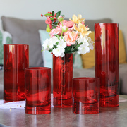 红色玻璃花瓶大号富贵竹直筒，现代简约婚庆装饰鲜花花器结婚礼物