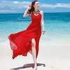 夏红色吊带长裙雪纺露背不规则连衣裙波西米亚长裙海边度假沙滩裙