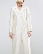 21秋季女装出口欧版乳白色OL通勤西装领长袖小脚高个子连衣裤