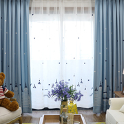 蓝色城堡简约现代儿童房窗帘男孩卧室卡通窗帘遮光布料成品落地窗