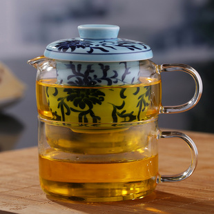 玻璃茶具红茶普洱茶壶套壶耐热青花陶瓷内胆，过滤上壶下杯咖啡