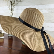 帽子女夏天沙滩帽，海边渡假帽蝴蝶结飘带遮阳帽，女防晒草帽可折叠