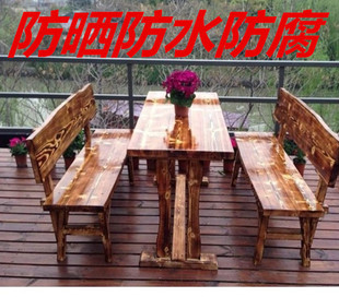 户外防腐庭院休闲桌椅烧烤店，农家乐碳化餐桌椅，靠背实木桌椅组合