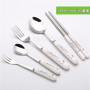 304不锈钢hellokitty图案 陶瓷餐具筷子勺子叉子创意不锈钢餐具
