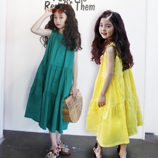 韩版童装女童连衣裙夏季21纯棉背心长裙中大儿童，度假沙滩裙子