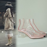 欧美pvc全透明水晶，粗跟短靴高跟袜靴银色，粉色女鞋裸靴网红雨靴潮
