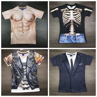 3D胸6八块腹肌肉男士短袖t恤纹身创意印花体恤假两件西装半袖衣服