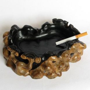红木烟灰缸实木雕刻工艺品大号，黑檀木质根雕烟缸中式复古创意摆件