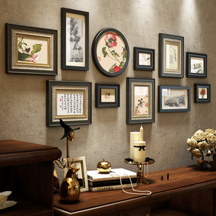 新中式照片墙禅意实木相框，墙组合中国风，客厅沙发背景墙装饰画玄关