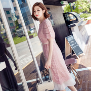 夏季两件套蕾丝裙女宽松显瘦气质收腰粉色短袖连衣裙