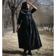 布麻范原创设计美院派艺术系纯麻提腰线长袖黑色连衣裙 后青春