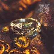 莲鱼山和柄浮世绘风格，神兽迦楼罗朱雀之爪925纯银戒指可调节