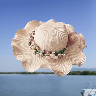 帽子女夏天沙滩帽，亲子太阳防晒花朵，大沿帽母女百搭遮阳帽海边草帽