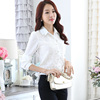 长袖衬衫白色2022秋季韩版纯色修身蕾丝衫，女装雪纺衬衣翻领打底衫