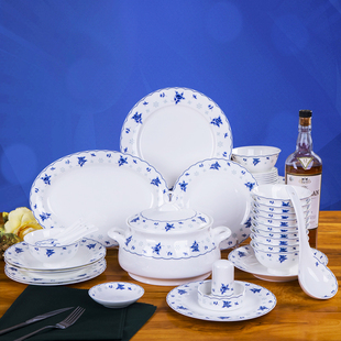 景德镇中式青花骨瓷餐具家用碗碟碗盘套装组合28/56头釉中彩陶瓷