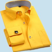 法式袖扣衬衫男士长袖中年修身商务免烫男装纯黄色衬衣加肥加大码