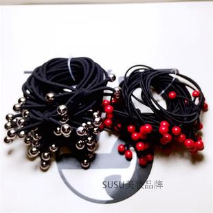 简单款三根皮筋红珠子，发绳发圈发饰打结头绳高弹力(高弹力)皮套黑色扎头绳