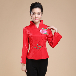 唐装女士春秋装中国风长袖，时尚时尚唐装，上衣修身女装年会服装红色
