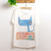 韩版宽松大码卡通印花图案斑马兔子碎花猫咪花朵蝙蝠袖短袖T恤女