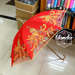 新娘伞复古中式结婚用婚礼，伞大红色蕾丝，刺绣婚庆雨伞创意长柄红伞