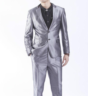 西服套装男士夏季韩版银灰色，修身小西装伴郎新郎结婚宴会礼服