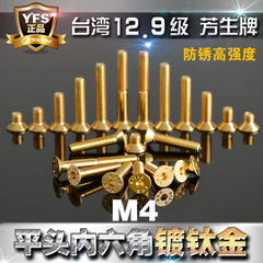 进口12.9高强度芳生YFS沉头内六角螺丝平头螺栓M4*6*8~35镀钛金色
