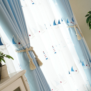 儿童房窗帘布遮光成品男孩卧室飘窗落地窗卡通简约现代地中海风格