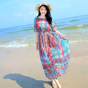 沙滩裙女大码雪纺印花显瘦波西米亚夏海边度假连衣裙三亚旅游长裙