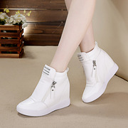 春秋季白色坡跟女鞋韩版内增高运动鞋运动水钻休闲鞋高帮单鞋