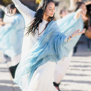 花椿诗意禅舞度母纱围巾，女棉麻丝巾纯色披风，沙滩防晒加长两用披肩