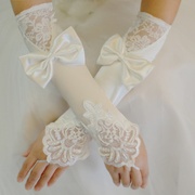 白色缎蕾丝新娘手套结婚露指红色，婚纱手套长款婚礼服手套秋冬季女