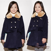 韩国童装潮品店冬季韩版女童翻领夹棉洋气，带毛领毛呢大衣外套