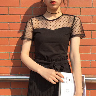 a634夏季女黑色圆领短袖，t恤微透视波点纱网拼接性感修身上衣