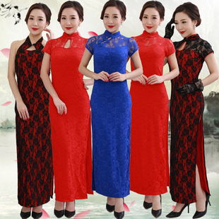 走秀舞蹈旗袍红色端午礼仪，迎宾夜上海复古改良蕾丝，长款舞台演出服