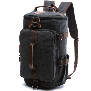 双肩包男大容量旅行包圆桶，书包单肩休闲帆布，两用多功能户外背包潮