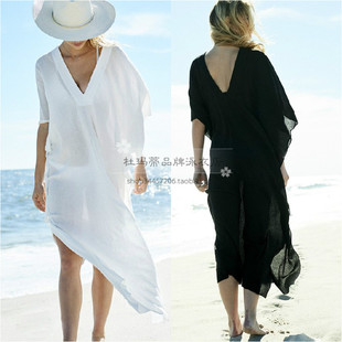 海边度假沙滩裙黑白纯色雪纺比基尼泳衣防晒罩衫外套宽松罩衣长裙