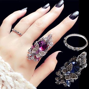 韩版时尚复古食中指指环女镶钻水晶装饰戒指，简约个性潮人学生饰品