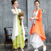 2023春季棉麻连衣裙文艺，中国风印花亚麻裙两件套披肩显瘦长裙
