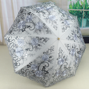阿罗依高档刺绣花蕾丝，双层黑胶太阳伞，二折遮阳伞超强防晒防紫外线
