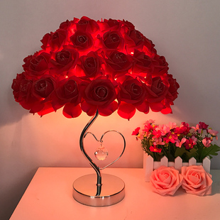 水晶台灯创意婚庆婚房红色，陪嫁卧室床头灯，台灯欧式玫瑰花结婚礼物
