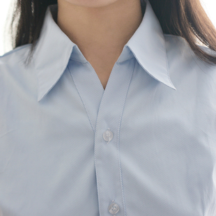 女衬衣韩棉粉色衬衫，细斜条纹职业v领修身短袖浅蓝白工作服正装