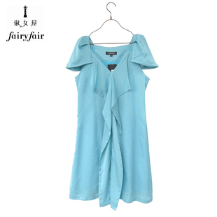 fairyfair清爽天蓝色花瓣，袖v领波浪，边丝滑高端短袖连衣裙